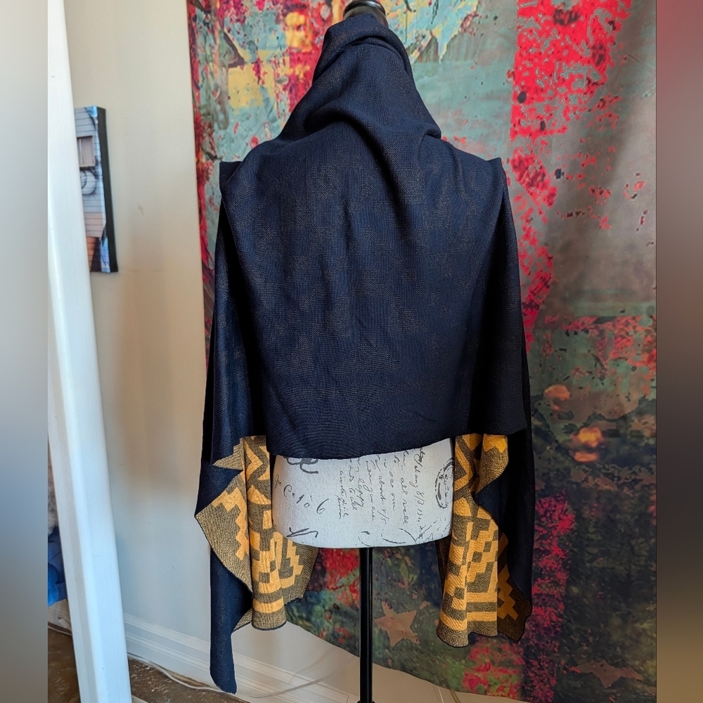 Issey Miyake Pleats Please Navy & Orange Geometric Print Shawl/Wrap/Scarf - Picture 6 of 11